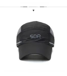 Close-up of lightweight mesh baseball cap with SDR logo and gray reflective stripes