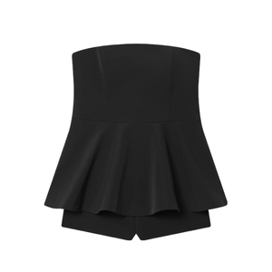 Combishort bustier noir élégant avec ourlet à volants peplum pour une silhouette chic