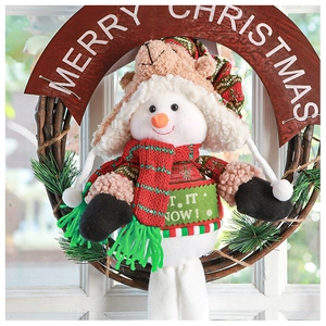 Macro detail of knit snowman wreath featuring Merry Christmas and Let it Snow signs