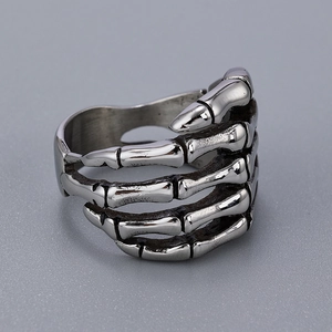 Vintage stainless steel skull hand ring in retro silver with gothic skeleton design