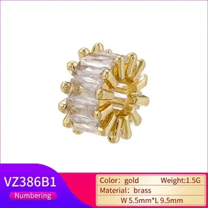 18K gold plated brass bead with baguette cut cubic zirconia for DIY jewelry making