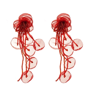 Handmade red floral lace tassel drop earrings with gauze petals and bead strings
