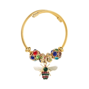 Adjustable gold twisted bracelet with sparkling colorful rhinestone beads and a bee pendant