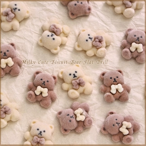 Cute milky white and brown flocking bear nail art charms with bow tie decorations