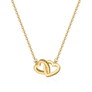 Elegant gold double heart necklace with interlocking pendants on a thin cable chain