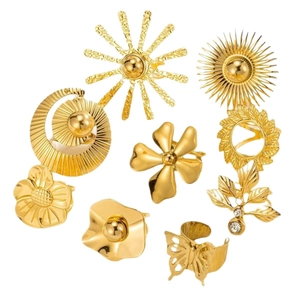 9-piece gold ring set featuring sun, moon, butterfly, and flower floral geometric designs