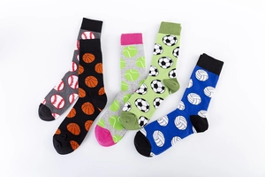 Detail of five pairs of cotton socks featuring baseball, basketball and soccer patterns