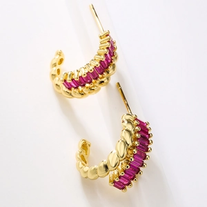 Elegant 18K gold plated C-shaped earrings with micro-set pink rectangular zircons