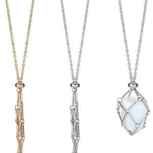 Alloy Crystal Stone Holder Necklace Adjustable Woven Metal Net Cage Pendant Bamboo Style Chain Minimalist Jewelry