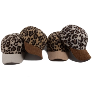 Leopard Print Faux Fur Baseball Cap With Corduroy Brim Winter Warm Adjustable Peaked Hat For Women Men