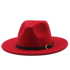Red wool fedora hat with black leather band and gold buckle on a white background