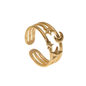 18K gold plated stainless steel open ring with triple layers and star moon design