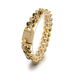 Hip hop 14mm Cuban link bracelet in gold with black enamel and iced out rhinestone clasp