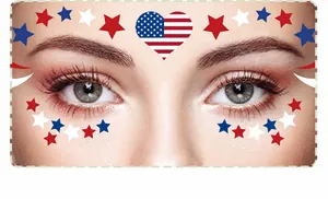 Detail showing waterproof USA Independence Day face tattoo with patriotic stars and heart
