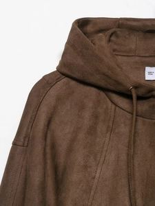 Detail view of the brown faux suede hooded jacket featuring soft brushed texture fabric