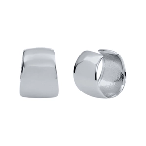 Detailed view of wide-surface polished silver C-shaped minimalist ear cuff earrings
