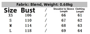 Detailed size chart for oversized suede flight jacket with bust and length measurements