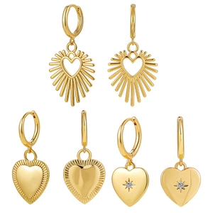 Set of six 18K gold plated stainless steel hoop earrings with crystal heart pendants