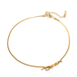 18K gold plated snake chain necklace with a central metal bow pendant for women
