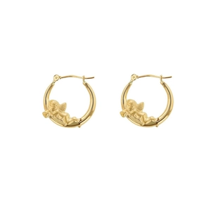Detail shot of gold-tone cupid angel earrings with a polished round hoop design
