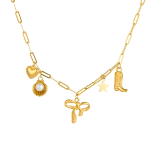 Golden titanium steel chain necklace with shell, pearl, heart, and star charms