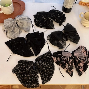 French chiffon bow hair claw clips with rhinestones and long ribbons in various prints