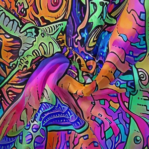 Detailed close-up of vibrant mushroom tapestry fabric showing silk-like texture and colors