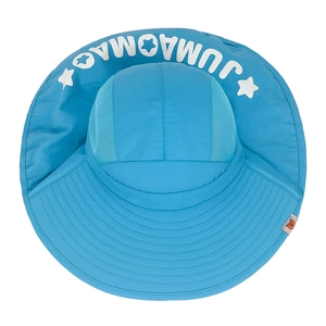 Sky blue kids sun hat with wide brim and neck flap featuring breathable mesh panels