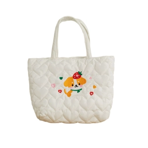 White quilted tote bag with heart patterns and cute dog embroidery for women