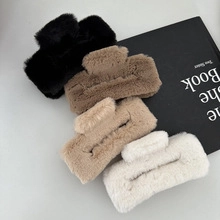 Plush faux fur rectangular hair claw clips in black, brown and white for women