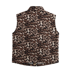 Flat back view of leopard print single-breasted vest with animal pattern texture