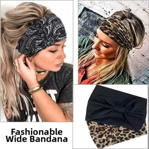 Three-style wide yoga headband set featuring paisley, leopard print, and solid black knot
