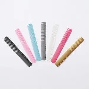 Set of seven colorful professional hair combs with dual teeth design and hollow handle