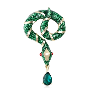 Exquisite snake enamel brooch with green drop gem pendant and golden scale texture