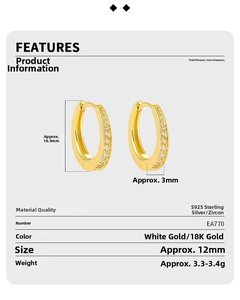 Detailed chart of S925 sterling silver hoop earrings with micro-inlaid zircons and specs