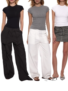 Close-up of slim fit modal t-shirts in black white grey with stylish bottom matching