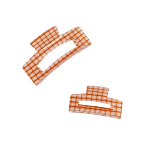 Minimalist orange and white checkered acrylic hair claw clips set for women