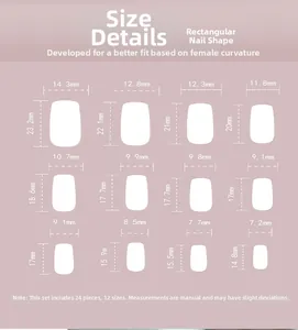 Detailed size chart for 24pcs square press-on nails in 12 sizes with measurements