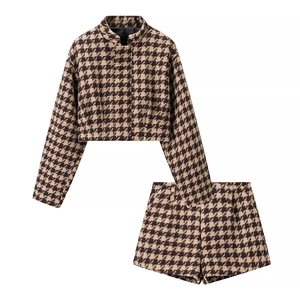 Women's Retro Houndstooth Tweed 2 Piece Set Fashion Long Sleeve Top And Shorts Autumn Casual Plaid Matching Outfits