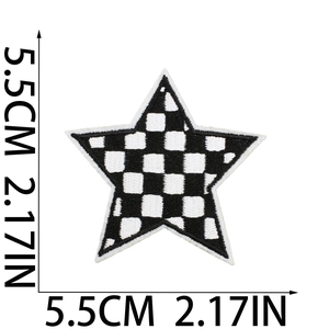 Checkered star embroidery patch in black and white pattern, size 5.5cm for DIY decor