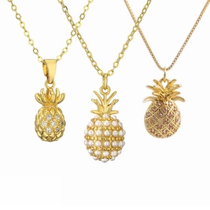 Pineapple Pendant Necklace Copper Gold Plated With Zircon And Faux Artificial Pearl Fruit Shape Retro Jewelry For Women