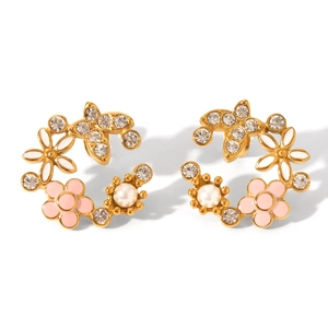 Boucles d'oreilles fleurs plaquées or 18K avec émail rose, perles et cristaux brillants