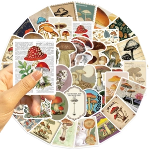 Detailed close-up of retro mushroom stickers with vintage botanical and cartoon illustrations