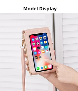 Pink multi-functional crossbody phone bag featuring a clear touch-screen window and PU leather