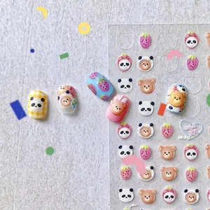 Nail Art Stickers 5D Embossed Cartoon Bear Panda Strawberry Design Cute DIY Manicure Decals For Women Girls
