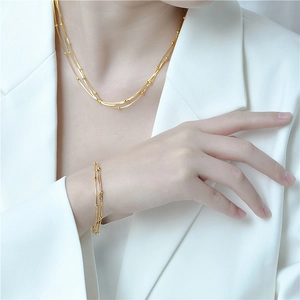 Minimalist S925 sterling silver triple snake chain necklace and bracelet set in gold