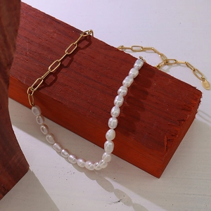 French style necklace with freshwater pearls and 18K gold plated titanium paperclip chain