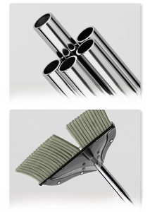 Detail of stainless steel pole and soft bristles for household broom and dustpan set