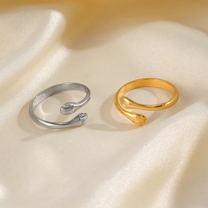 Polished stainless steel adjustable hug rings in gold and silver finish on silk