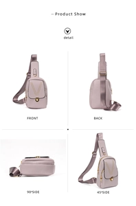 Multi-angle views of purple leather chest bag with rivet patterns and wide strap